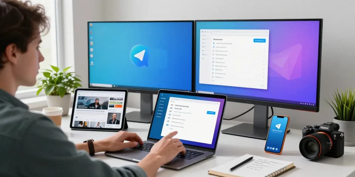 Adjusting Telegram Chinese settings on a modern workspace setup, showcasing tech engagement.