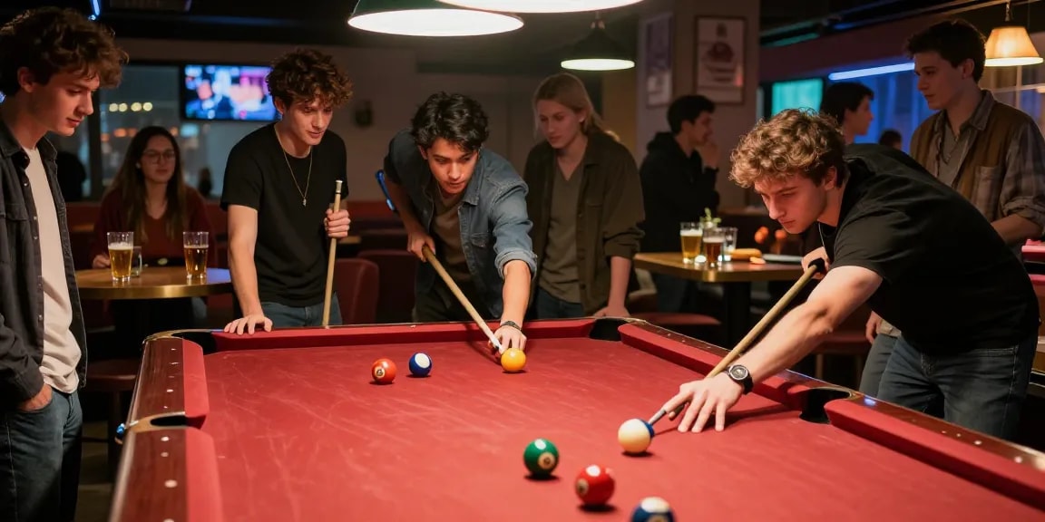 Engaged players enjoying billiards in Mississauga at Crooked Cue.