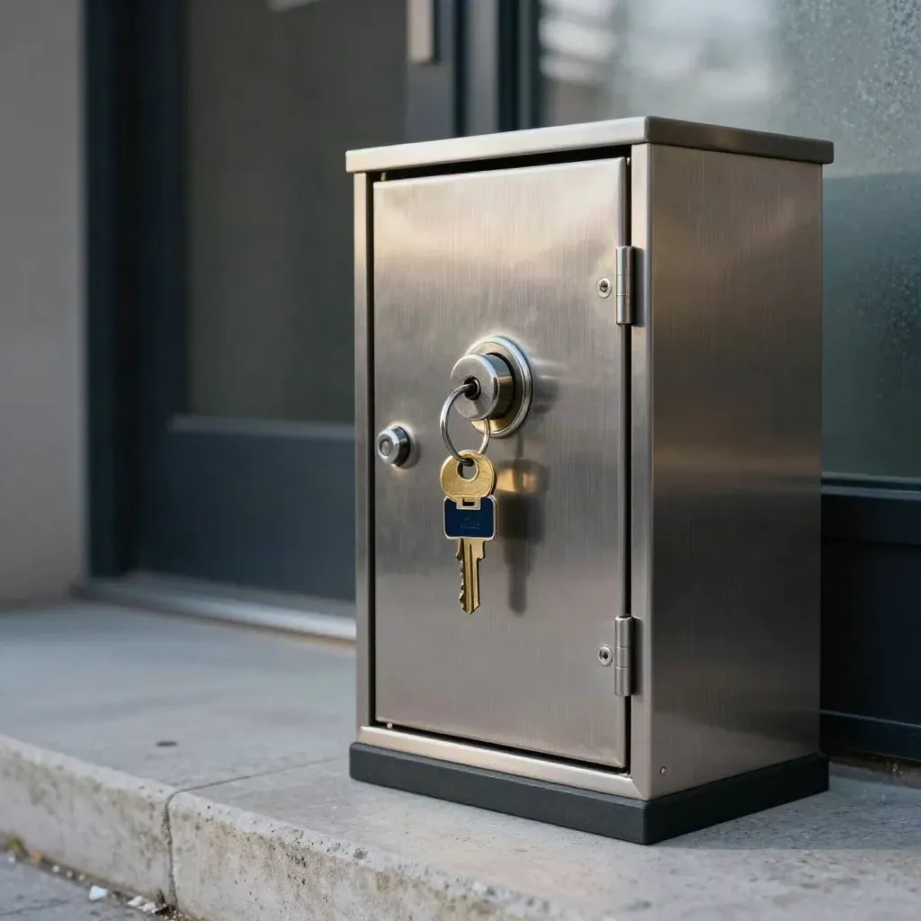 Brushed-steel lockbox with brass keys on a stone base in cold winter light