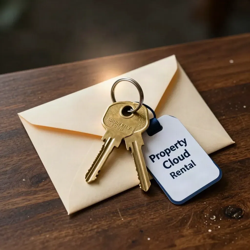 Brass keys, sealed rent envelope, and maintenance tag on dark walnut in dramatic studio light.