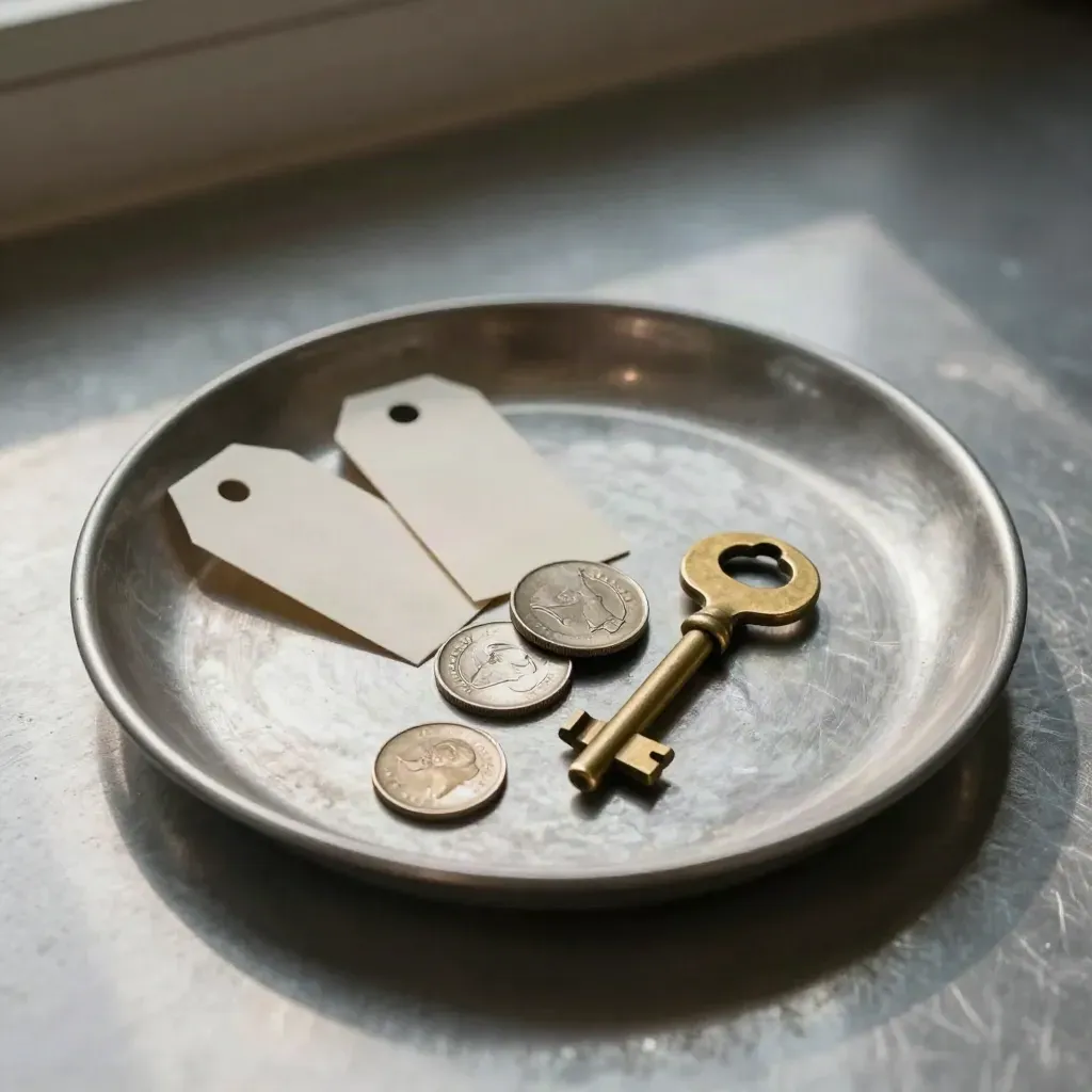 Brass key, repair tags, and coins on brushed metal with soft daylight and dark bokeh
