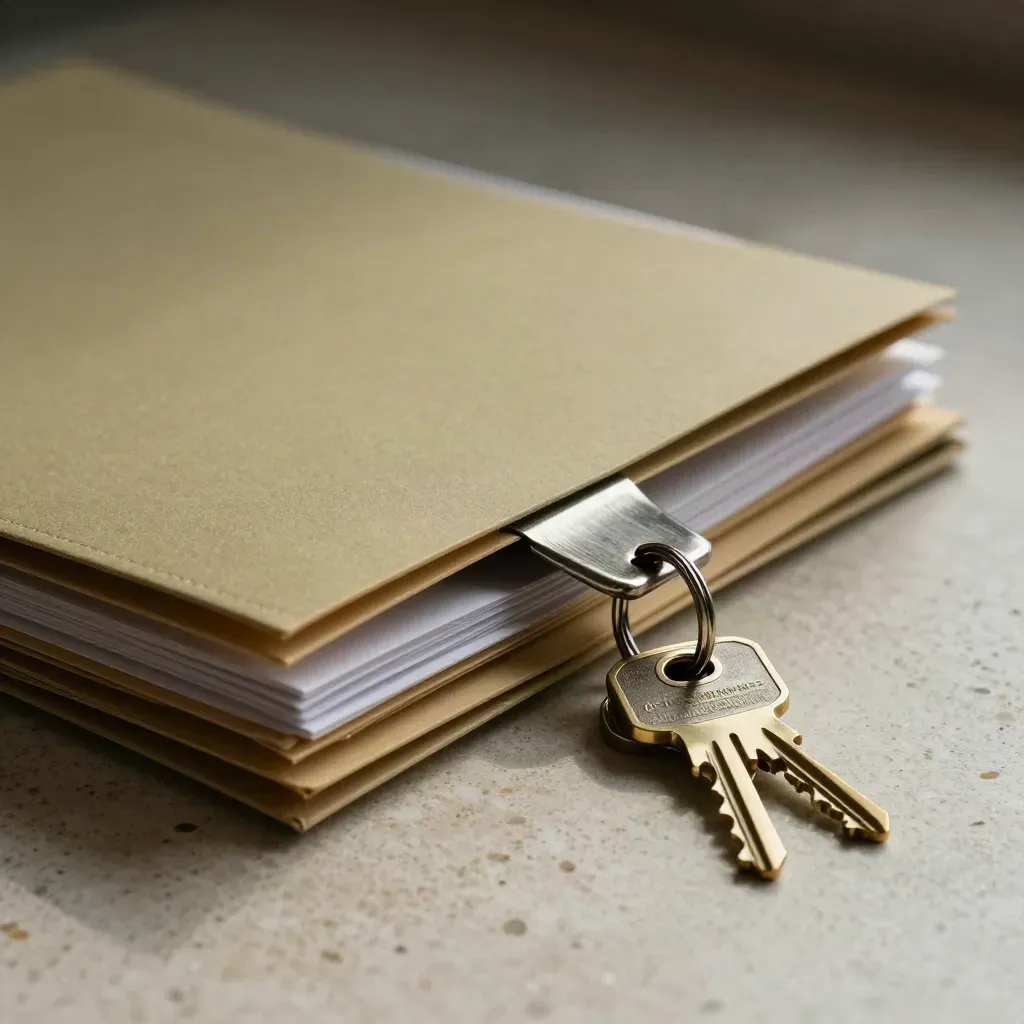 Overhead close-up of blank file folders, a document clip, and apartment keys on pale stone.