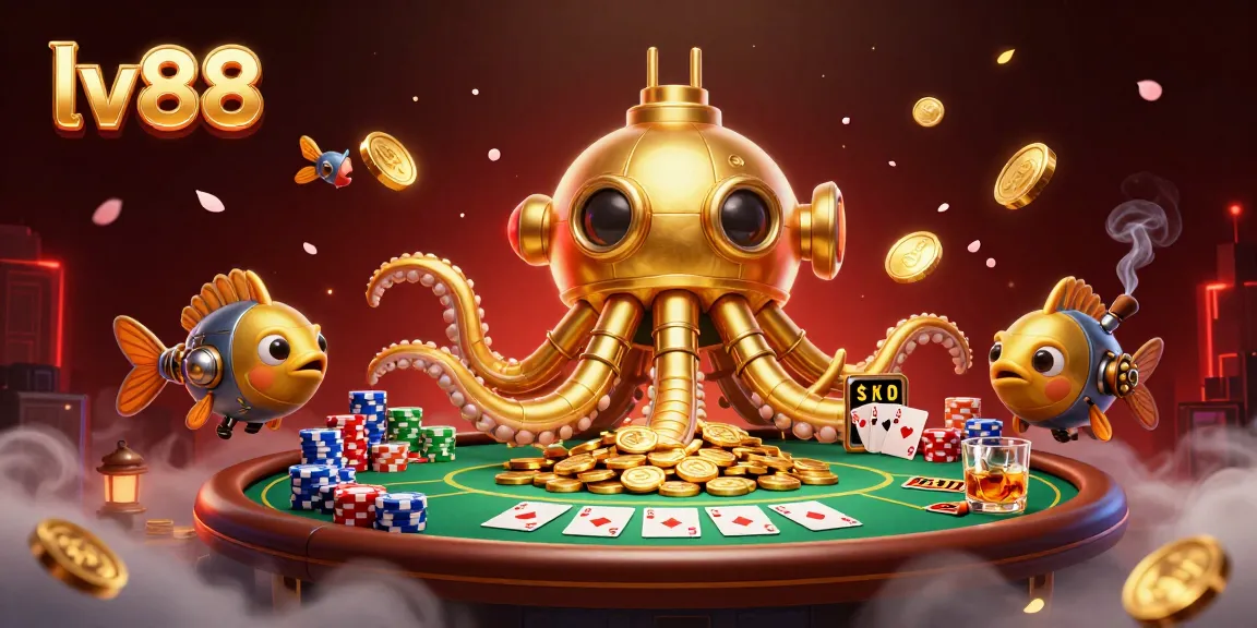 Engage with lv88's immersive casino experience featuring a golden kraken submarine in a treasure-filled sea.